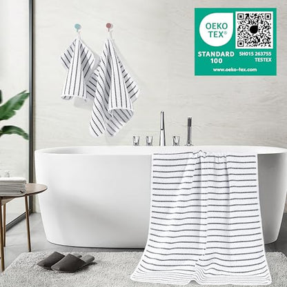 POLYTE 430 GSM Poly Blend Microfiber Quick Dry Waffle Bath Towel Set of 6 | 2-Body Towels, 2-Hand Towels, 2-Wash cloths, Oversize, Lint Free - color: White/Black