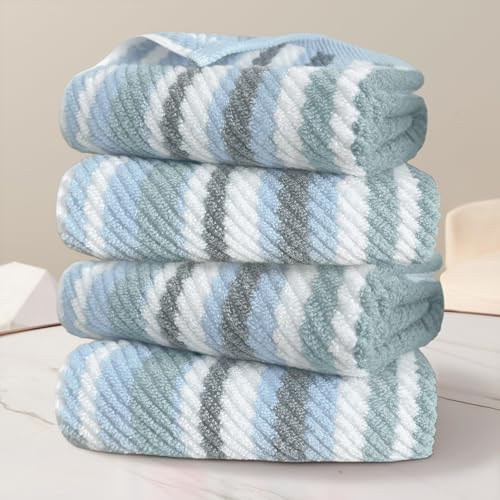 VOOVA & MOVAS Bath Hand Towels 4 Pack, 100% Cotton, 16x27 in, Blue Striped | Excellent Daily Use & Holiday Gift Choice, Quick Dry, Highly Absorbent, Soft, Lightweight, Luxury Gift Set - color: Gray + Blue Striped, size: 4 PC Hand Towels (16"x27")