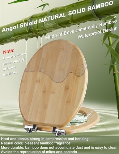 Angol Shiold ELONGATED Bamboo Wood Toilet Seat Soft Close 18.5Inch | Zinc Alloy Strong Hinges, Light, Easy to Install & Clean, Up to 400 lbs (Elongated 18.5", Natural Bamboo) - color: Soft Close, size: Elongated -18.5"