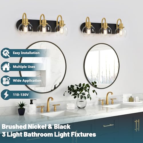 Dpyrrhic Modern 3-Light Vanity Light, Bathroom Lighting Fixture Over Mirror With Clear Glass Shade and Metal Base, Wall Sconces in Matte Black and Gold - color: Black & Gold, size: 3-Light