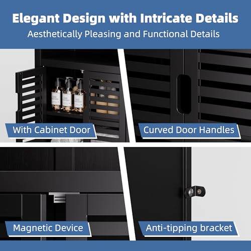 HITNET Black Bathroom Storage Cabinet, Freestanding Bamboo Floor Cabinet 5 Tier Tall Kitchen Cupboard with Door and Removable Shelves - color: Black