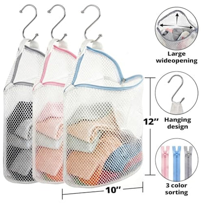3Pcs Hanging Laundry Bags for Socks with S Hooks, 12 X 10 inch 3 Color Mesh Laundry Bags for Washing Machine