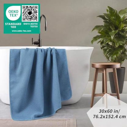 POLYTE 380 GSM Poly Blend Microfiber Quick Dry Waffle Bath Towel, 30x60 in | 2 Pack, Oversize, Lint Free, Body Towel - color: Blue