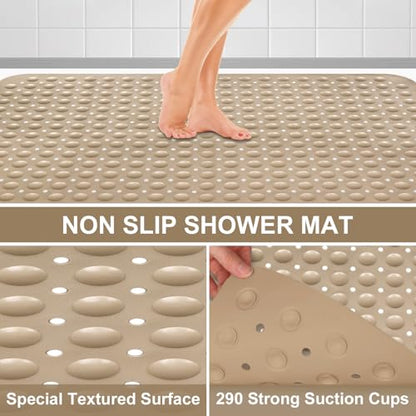 Shower Mat Non Slip, 36" x 24" Large Shower Floor Mat with Drain Holes and Suction Cups, Soft TPE Anti Slip Shower Stall Mats for Inside Shower, Machine Washable, Khaki - color: Khaki
