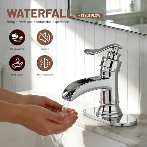 Bathroom Faucet Chrome Waterfall Bathroom Sink Faucets & Parts | with Pop Up Drain Stopper with Overflow Single Handle Single Hole Vanity Commercial Trough Supply Lines Hose Lead-Free - color: Chrome