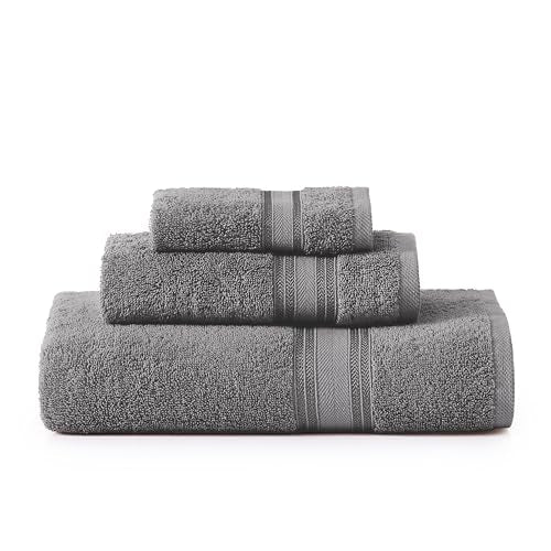 LANE LINEN Bathroom Towel Set 3 Piece Soft Absorbent Quick Dry - Cool Grey | Pack Of Towels - Coordinated Colors, Dobby Border Accent, OEKO-TEX Certified, Zero-Twist Durability, Zero-Twist Cotton - color: 03: Cool Grey, size: 3 Piece Towel Set