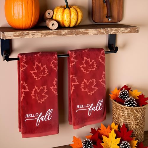 2 Pack Fall Hand Towel Jacquard Embroidered Cotton Kitchen Towels Farmhours Thankful Bath Towels Set Thanksgiving Bathroom Decor (Maple Hello Fall, 2*Hand Towel) - color: Maple Hello Fall