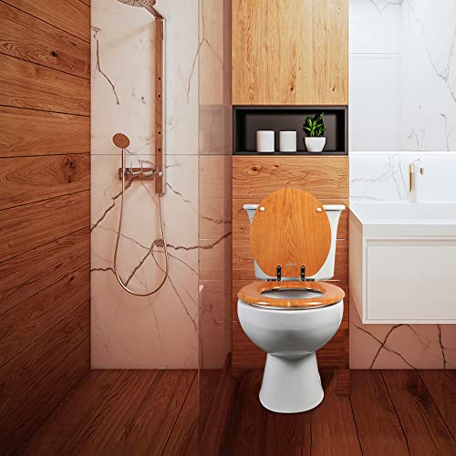 Angel Shield Elongated Toilet Seat Wood Veneer Natural Soft Close | Quick Release Metal Hinges, Adjustable Fit for Standard Elongated Toilets, Easy to Install&Clean - color: Wood, size: Elongated