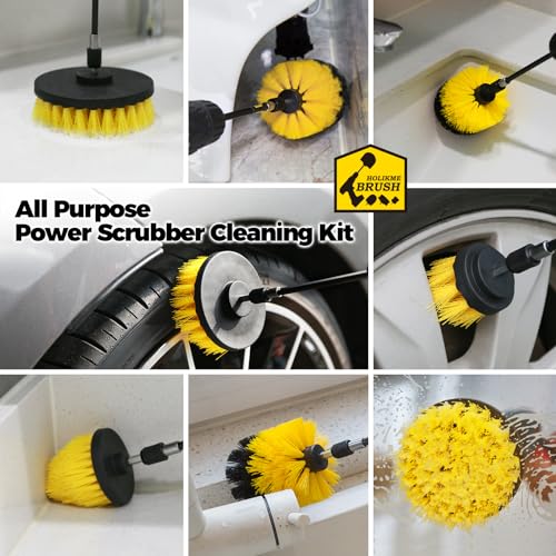 Holikme Drill Brush Set, 4 Piece Power Scrubber for Grout and Tile | 4-piece set, 3 brush sizes, extension rod, nylon bristles, yellow, fits compatible cordless drills