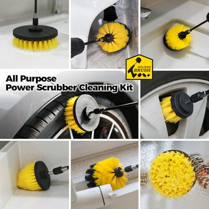 Holikme Drill Brush Set, 4 Piece Power Scrubber for Grout and Tile | 4-piece set, 3 brush sizes, extension rod, nylon bristles, yellow, fits compatible cordless drills