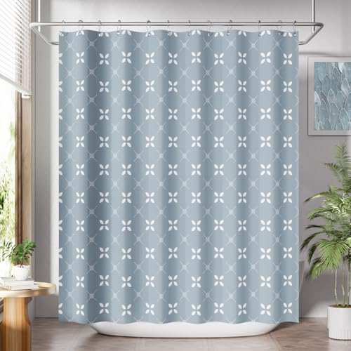 AmazerBath Shower Curtain Blue, Cloth Blue and White Floral Fabric Shower Curtain Sets with 12 Shower Curtain Hooks, Rustic Home Decor Washable Farmhouse Fall Bathroom Shower Curtains, 72x72 Inches - color: F- Clover+12 Metal Hooks, size: 72"W x 72"L (Pac