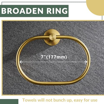 Brushed Gold Bathroom Hardware Set, 2 Pieces, 304 Stainless Steel | Rustproof for Bathroom Restroom Sink, 180° swivel towel ring, Toilet Paper Holder Fits Most Roll Size, Drilling Wall Mounted - color: Brushed Gold Oval Shape
