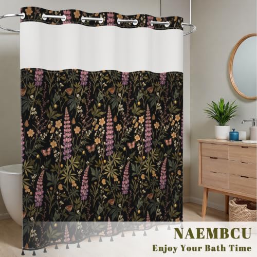 Dark Botanical No Hook Shower Curtain with Snap in Liner & Tassels | Double Layer Waterproof Bath Curtain with Mesh Top, Green Plant & Lavender Floral Design for Boho Farmhouse Bathroom, 71Wx77L - color: Wild Plant