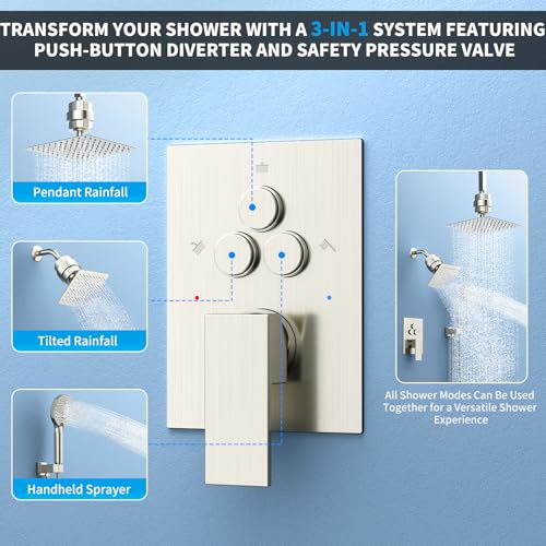 Shower Faucet Set Shower System - EMBATHER Brushed Nickel Push Button Diverter Filtered Dual Shower Faucet Valve Kit with Rain Ceiling Mount 10'' Shower Head 6'' Wall Mount, 9 in 1 Handheld for Couple