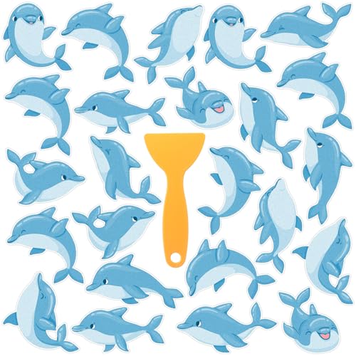 Yaomiao 24 Pcs Dolphin Non Slip Bathtub Stickers with Scraper | Shiny, Sparkle, Glitter, Peva, 4.53inch, Easy Apply, No Residue, for Bathroom, Shower Stairs Floor, Safety, Cute, Grip - style: Dolphin