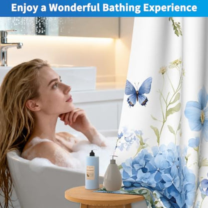 No Hook Floral Shower Curtains, Blue Hydrangea Double Layers Waterproof Fabric Shower Curtain with Snap in Liner and Top Sheer Window, 71x74in Hotel Summer Bathroom Shower Curtains with Weighted Hem - color: Blue Hydrangea