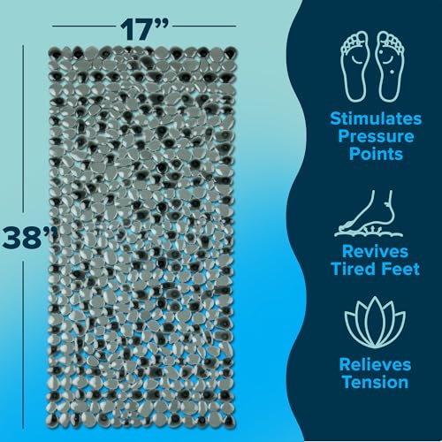 SlipX Solutions 38"x17" Pebble Non Slip Mat for Bath & Shower, Dark Gray | Foot Massaging Accupressure Bathtub Mat, River Rock Look, 188 Suction Cups, Machine Washable - color: Dark Gray