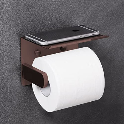 VAEHOLD Self Adhesive Toilet Paper Holder with Phone Shelf Stainless Steel Wall Mounted Toilet Paper Roll Holder - Rustproof and Bathroom Washroom Tissue Roll Holder with Shelf - Red Copper - color: Red Copper