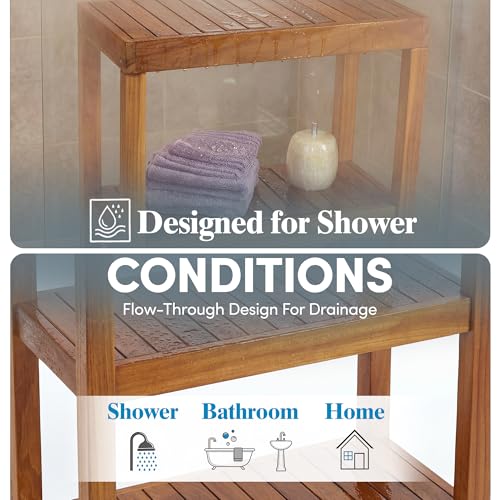 AquaTeak 12" Original Sula Rectangle Teak Bathroom Stand - Shower Stand with 3 Tier Shelf - Durable Water Resistant Shower Organizer - Space-Saving Storage Shelves with Anti-Slip Feet