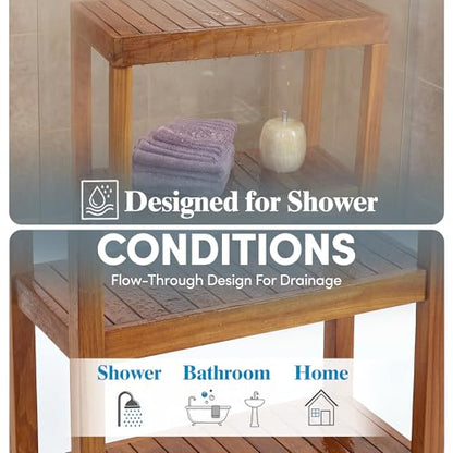 AquaTeak 12" Original Sula Rectangle Teak Bathroom Stand - Shower Stand with 3 Tier Shelf - Durable Water Resistant Shower Organizer - Space-Saving Storage Shelves with Anti-Slip Feet