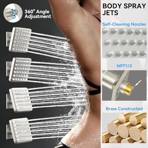 Thermostatic Shower System with Body Jets, STARBATH 12" Rain Showerhead with 2 Modes Handheld Spray, Can Use All at Once, Thermostatic Shower Jets System in Wall Shower Faucet Sets, Brushed Nickel - color: Brushed Nickel, size: 12"-05
