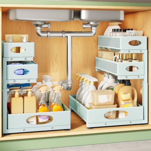 Kitstorack Under Sink Organizer 3-Tier Slide Out Drawer 2-Pack LightBlue | Height Adjustable, Metal Mesh Storage Rack, Pull out Cabinet Organizer Shelf for Bathroom Kitchen Pantry Home Organization - color: LightBlue, size: 2-Pack