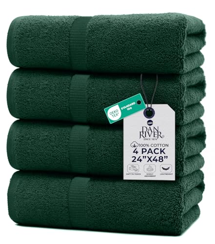 DAN RIVER 4 Pack Cotton Bath Towels 24x48 Inches, Huntergreen | Lightweight, Absorbent, Super Quick Dry towels, Soft & Durable Thick Body Towels for Home, Gym and Spa - color: Huntergreen, size: Bath Towel (24x48)