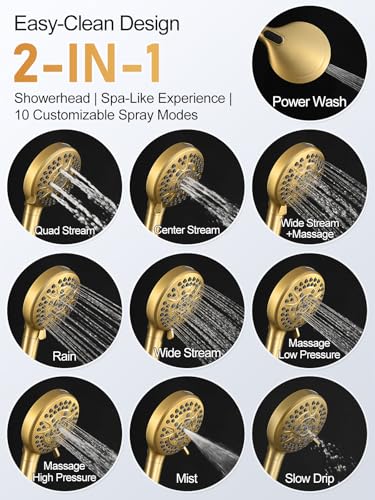 Woindo Shower Faucet Set with Slide Bar, 12" Rain Shower Head/8'' Side Shower Head and 10 Setting Handheld Ceiling Mount 3 Push Button Diverter Complete Rainfall Shower System Included Valve Trim Kit - color: Brushed Gold, style: 12"-R-Ceiling-02