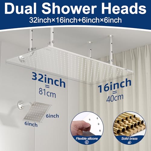 Dual Shower Heads System 16"x32" Ceiling Mount Rainfall and 6" Wall Mounted Shower Heads with 6 body Jets Thermostatic Shower Valve Full Body Shower System,Polished Chrome - color: Polished Chrome