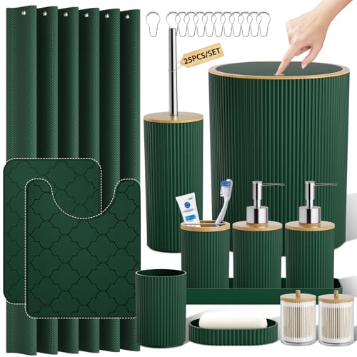 Dark Green Bathroom Accessory Set - Bathroom Sets, 25PC Bath Accessories Set, Bathroom Sets with Push Top Trash Can, Shower Curtain and Rugs, Toilet Brush, Trash Can & Soap Dispenser - color: Dark Green & Wood, size: Bath Set&Shower Curtain&Bath Rugs