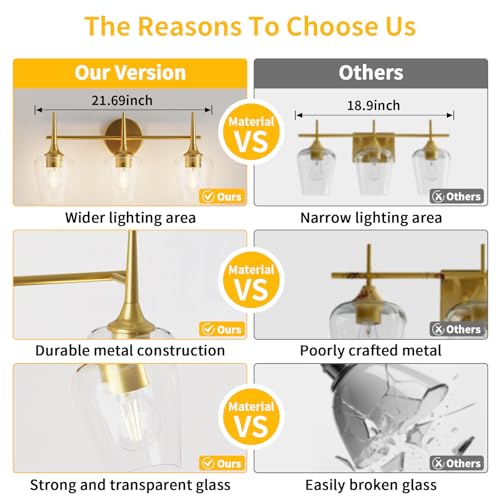 22 Inch 3-Light Gold Bathroom Vanity Light Fixtures | Wine Glass Clear Glass Wall Sconce, Modern Wall Mount Light for Bathroom, Hallway, Bedroom - color: 22 inch_Gold_3 lights