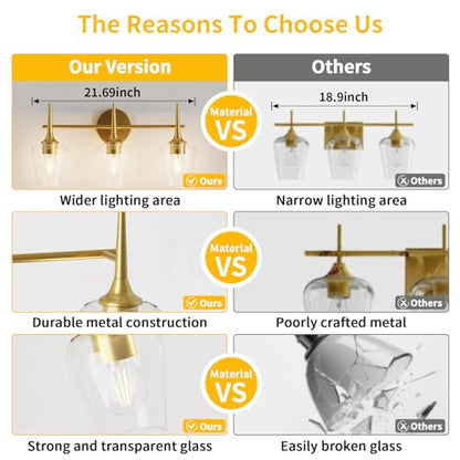 22 Inch 3-Light Gold Bathroom Vanity Light Fixtures | Wine Glass Clear Glass Wall Sconce, Modern Wall Mount Light for Bathroom, Hallway, Bedroom - color: 22 inch_Gold_3 lights