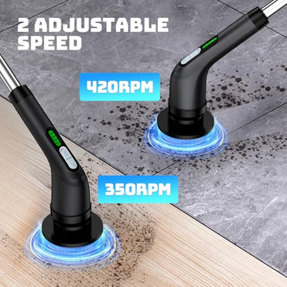 Electric Spin Scrubber, 2-Speed Cleaning Brush, Extendable Handle (Black) | Includes 7 reusable brush heads and an IPX7-rated design for cleaning bathrooms, showers, kitchens, tile, floors, and grout - color: Black