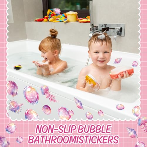 Whaline 30Pcs Bubble Non Slip Bathtub Stickers Adhesive Applique Decal Under the Sea Cartoon Bubble Shell Jellyfish Anti Slip Shower Tread with Scraper for Summer Bathroom Floor