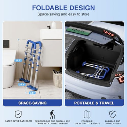 Foldable Toilet Safety Rails for Seniors, Height & Width Adjustable | Safety Frame & Toilet Handles for Elderly & Disabled, Fits Most Toilets, 350lb Capacity, Blue - color: Blue