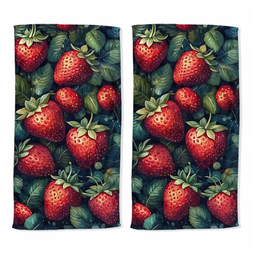 Strawberry Hand Towel Set of 2 Cartoon Colorful Green Leaf Absorbent Bath Towels Kitchen Dish Towel Home Gym Hotel Bathroom Decor 14x28 inch - color: Strawberry