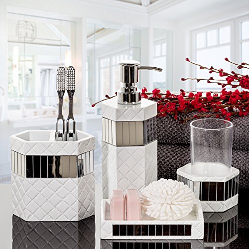 Creative Scents Quilted Mirror White Hand Soap Dispenser for Bathroom | Decorative Lotion Dispenser with Durable Metal Pump, Resin Countertop Shower Dispensers for Elegant Bathroom Decor - style: Soap Dispenser