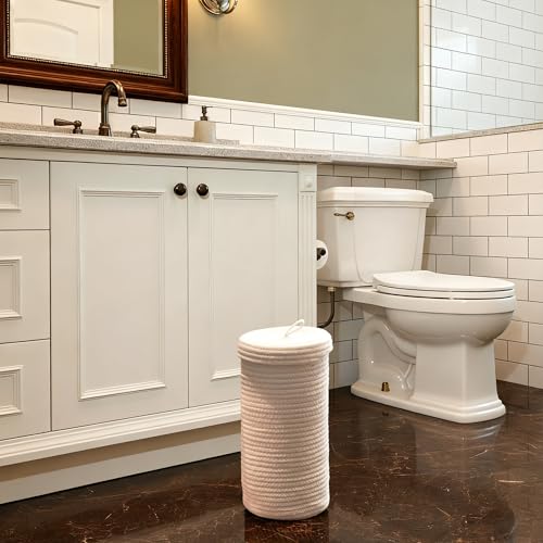 Toilet Paper Holder Handmade – Woven Cotton Toilet Paper Stand & Storage Basket with Lid, Freestanding Organizer for Bathroom, Fits 3 Mega Rolls Gradient Brown 14'' x 7'' - color: White