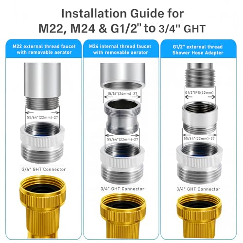 Faucet Adapter with Aerator, Sink Faucet to Garden Hose Connector | Chrome Brass Fits G1/2" Female, 55/64" Female, and 15/16" Male, Connects to 3/4" GHT Garden Hose, with Washers and PTFE Tape