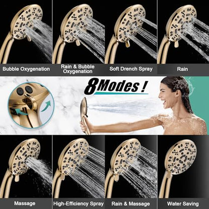 Cobbe 8-Setting Handheld Shower Head, Water-Saving Design, Gold | Trickle Pause Mode, 5ft Stainless Steel Hose, Brass Swivel Bracket, Tool-Free Installation - color: Gold