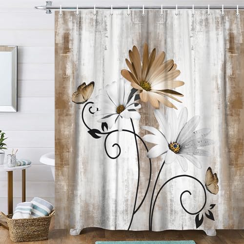 Rustic Farmhouse Shower Curtain, Farm Tan Cream Daisy Floral Flowers and Butterfly on Country Wooden Shower Curtain for Bathroom, Beige Brown Shower Curtain with 12PCS Hooks, 70X75IN - color: Tan, size: 70"W x 75"L (Pack of 1)