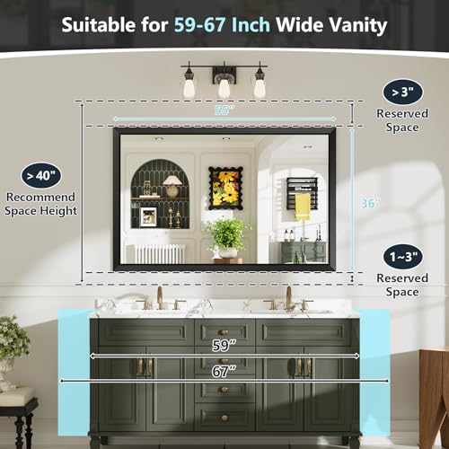 55x36 Inch Black Bathroom Mirror for Wall, Beveled Framed Rectangle Bathroom Vanity Mirrors for Over Sink, Bedroom, Living Room, Entryway, Anti-Rust, HD Tempered Glass, Horizontally/Vertically - size: 55"L x 36"W
