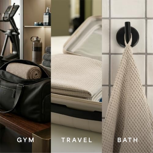 S&T INC. Aura Waffle Bath Towels, 4 Pack, 30" x 60", Beige | Quick-Dry, 420GSM, Absorbent Microfiber, Lightweight, Sewn-In Hang Loop, Compact for Home, Gym, and Travel - color: Beige