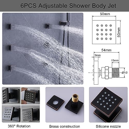 Temperature Display Rain Mixer Shower Faucet Set with 6 pcs Body Jets 12 inch Square Rainfall Shower Head with Handheld Spray Wall Mounted Rough-in Valve and Trim Included, Oil Rubbed Bronze - color: Oil Rubbed Bronze