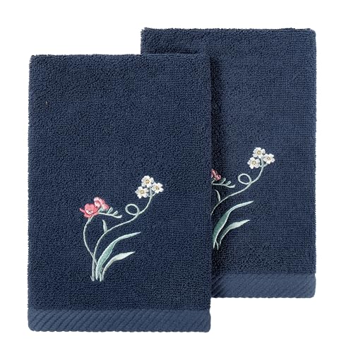 Floret 2-Piece Fingertip Towel Set, Elegant Embroidered Flowers, Luxurious Turkish Cotton, Absorbent & Stylish, Unique Bathroom Accessory, 2 Fingertip Towels, Marine - color: Marine, size: 2 Pcs Fingertip Towel