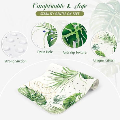 SHUCHING Green Bath Mat for Tub Non Slip-40x16 Inch, Leaves | Bathtub Mat for Women & Elderly Mold Free, Long Shower Mat for Inside Shower with Suction Cup, Machine Washable - color: Tropical Leaves