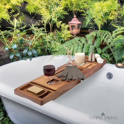 Acacia Wood Bathtub Tray Caddy for Tub — Expandable Bath Tray with Solid Book Stand Wine Holder and Non-Slip Pads — Includes Soap Dish and Spa Accessories — Luxury Hardwood Bath Gift Set - color: Acacia Wood