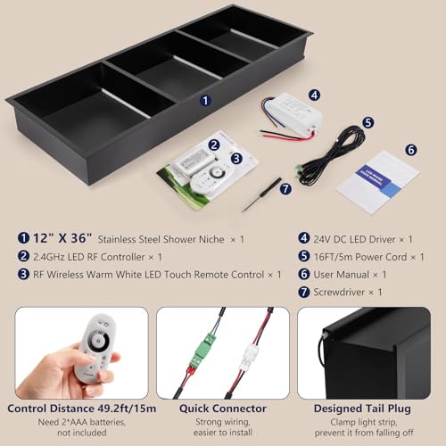 LED Shower Niche 12 X 36 Shower Niche No Tile Needed | 304 Stainless Steel Shower Niche with 3000K Warm Light, IP65 Waterproof Bathroom Niche for Shower, Remote Control, Seamless - color: Matte Black-warm White, size: 12" X 36"