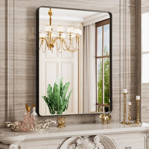 JISOSO 24x36 Inch Black Bathroom Mirror Metal Framed | Anti-Rust, Tempered Glass, Shatter Proof, Hangs Horizontally or Vertically - color: Black, size: 24"L x 36"W