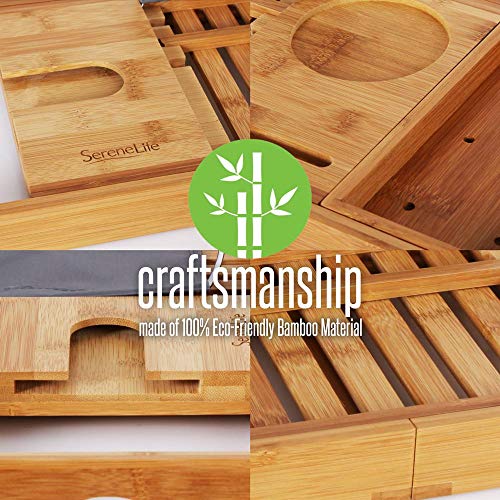Adjustable Bamboo Bathtub Caddy Tray - Natural Wood Luxury Bath Tub Organizer w/Wine Holder, Soap Dish, Cup Slot, Book Tablet Holder, and Phone Slot for Spa, Bathroom, Shower - SereneLife